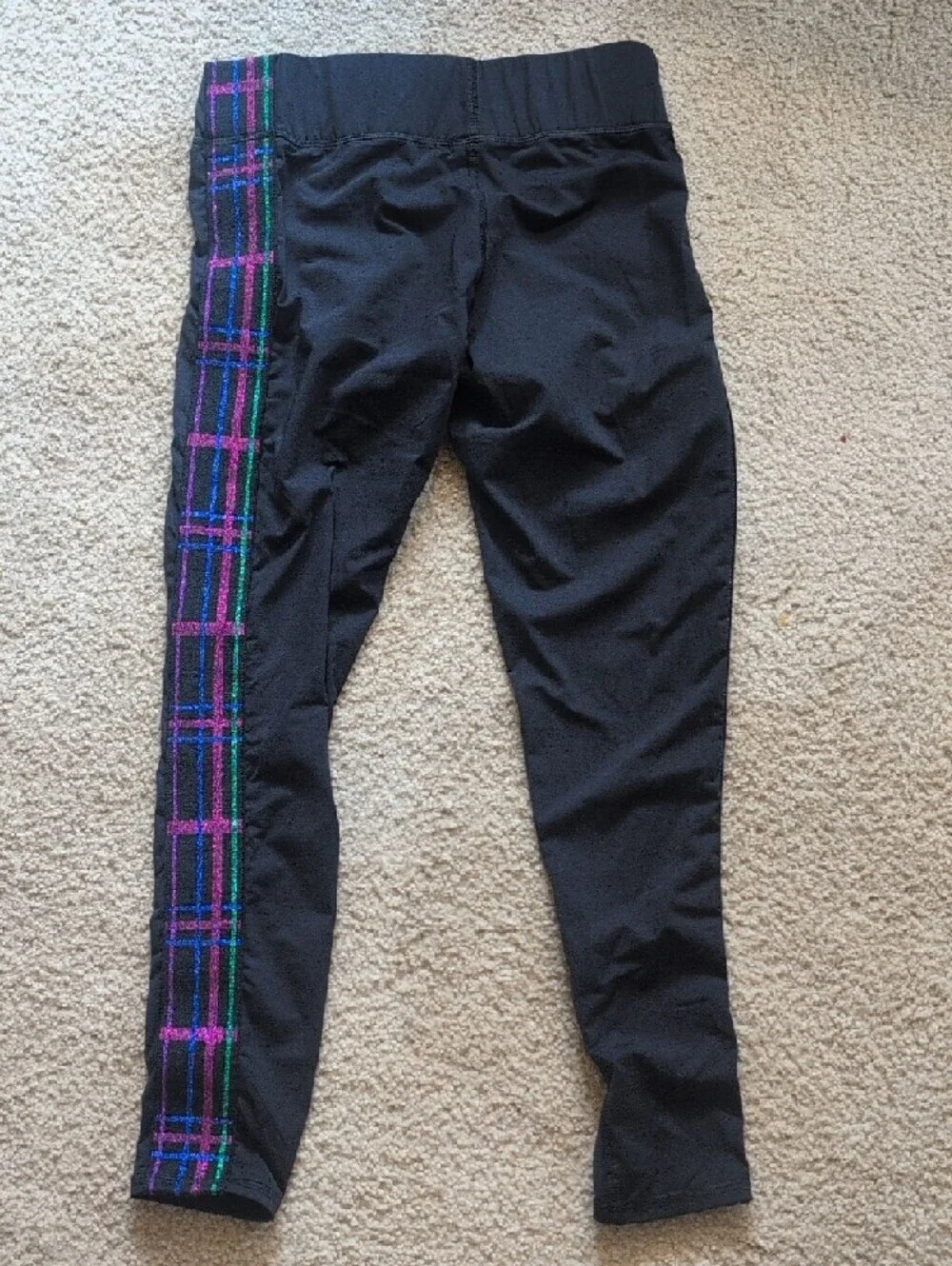Terez Black Leggings with Purple & Teal Plaid Side Stripes
